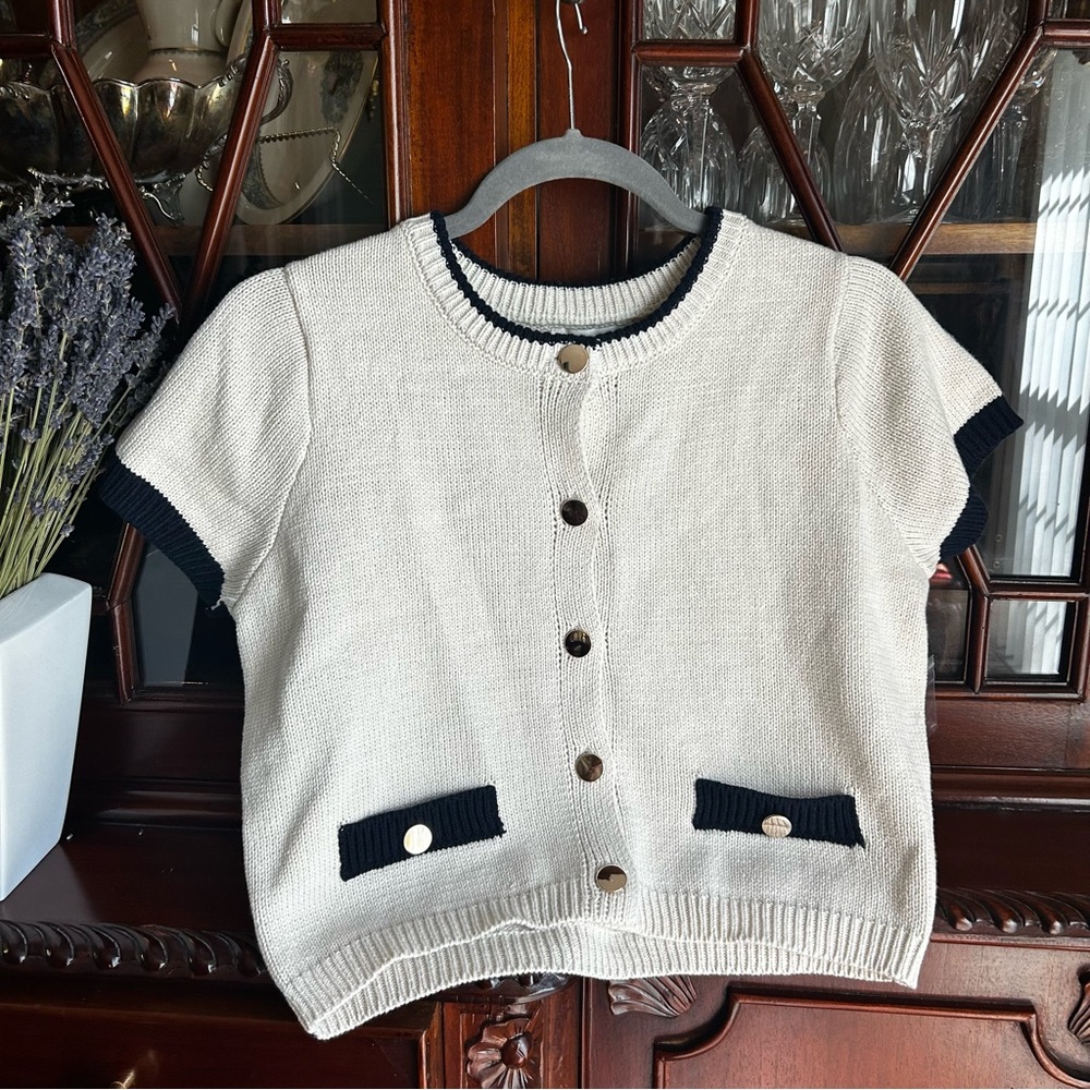 Juniors Cream and Navy Button-Up Cardigan